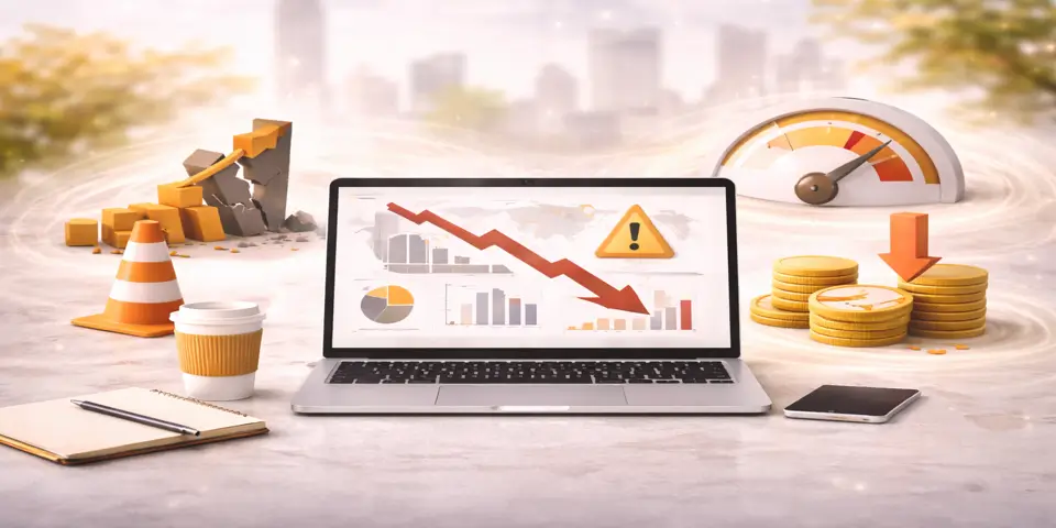 Laptop displaying declining performance indicators for food and beverage business growth