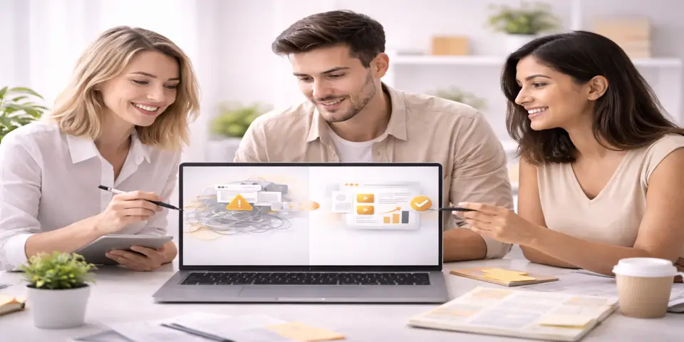 Technology design team collaborating to simplify web interfaces