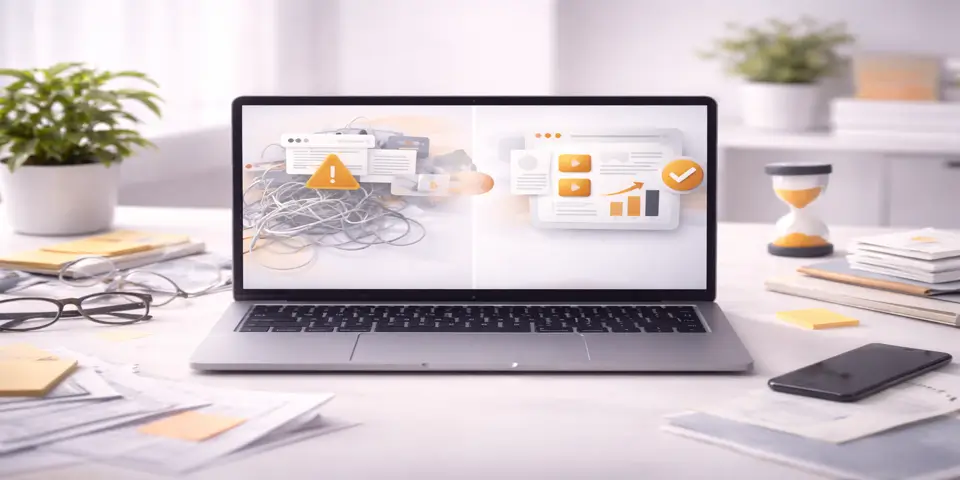 Laptop displaying cluttered and simplified web design comparison