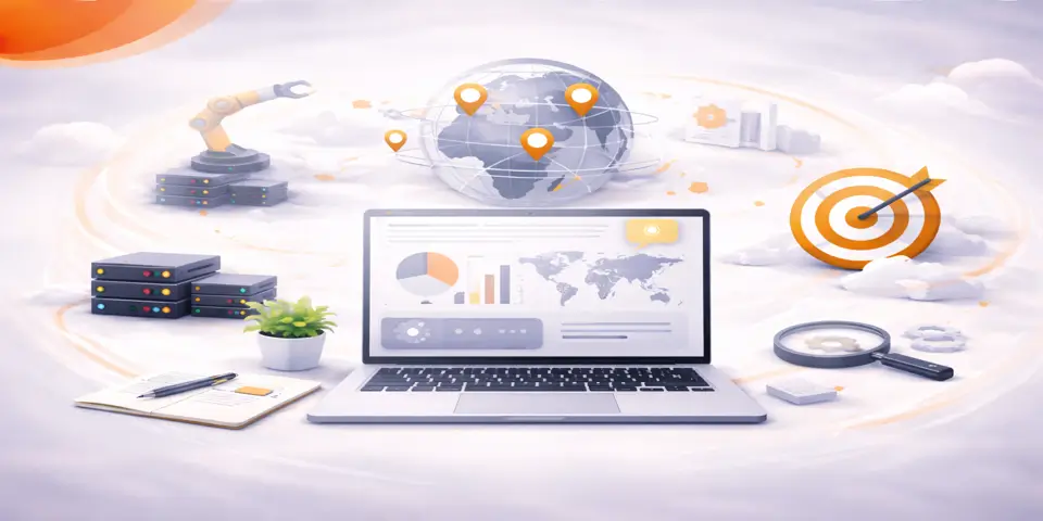 Laptop displaying future focused technology outsourcing analytics