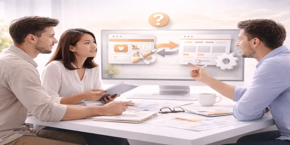 Team discussing custom design and template strategy for e commerce