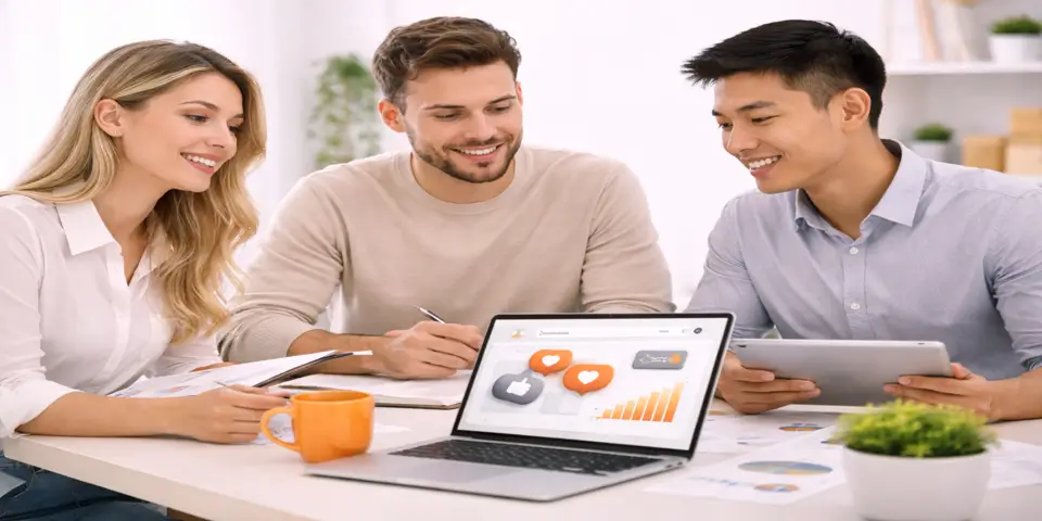 Team collaborating on social media marketing strategy for e commerce