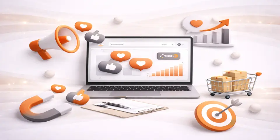 Laptop displaying social media analytics and e commerce marketing performance