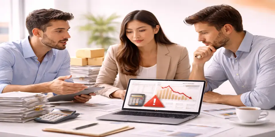 A hyper real image of a business professional reviewing declining data and outdated processes, reflecting the frustration and limitations caused by slow AI adoption