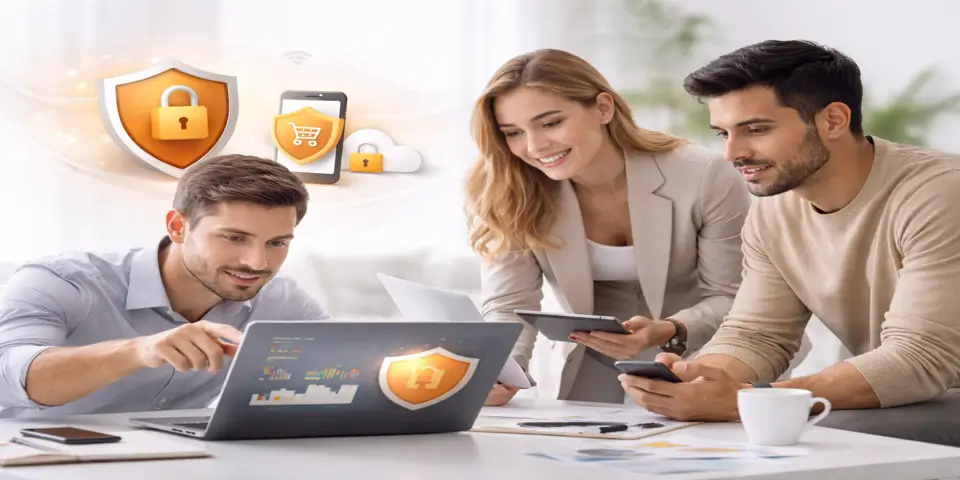 Team collaborating on ecommerce cybersecurity strategy using digital analytics