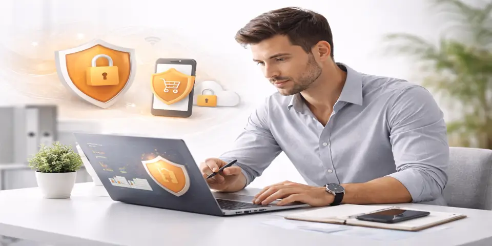 IT professional analyzing ecommerce security dashboard on laptop