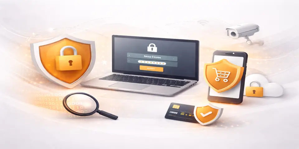 Laptop displaying secure ecommerce login interface with cybersecurity protection visuals
