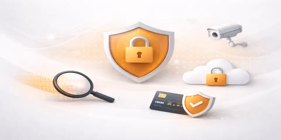 Ecommerce cybersecurity concept with shield, lock, cloud security, and payment protection icons