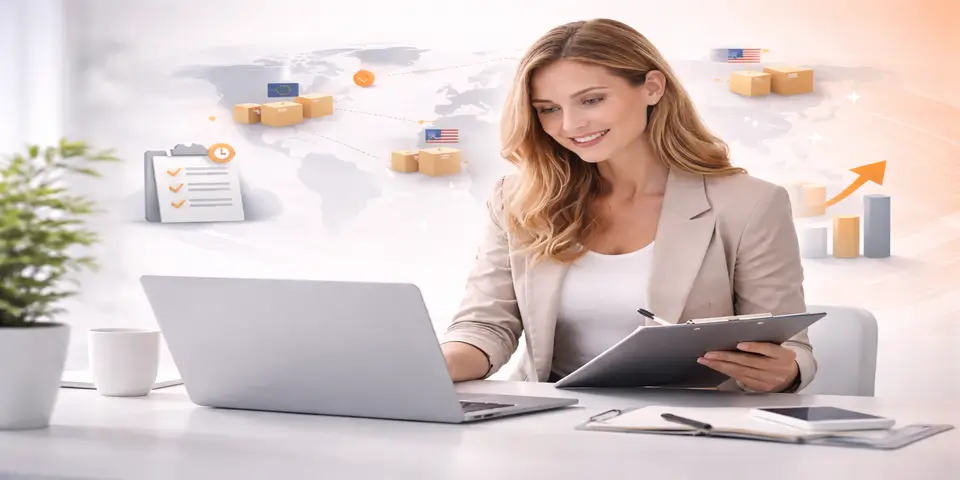 Ecommerce operations manager reviewing outsourced workflows on laptop in modern workspace