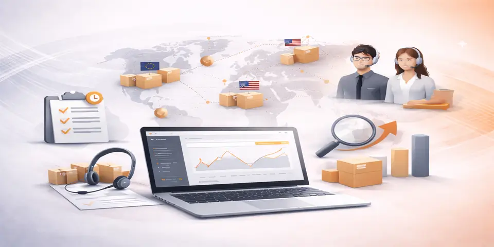Laptop displaying ecommerce analytics dashboard with global logistics and outsourcing elements