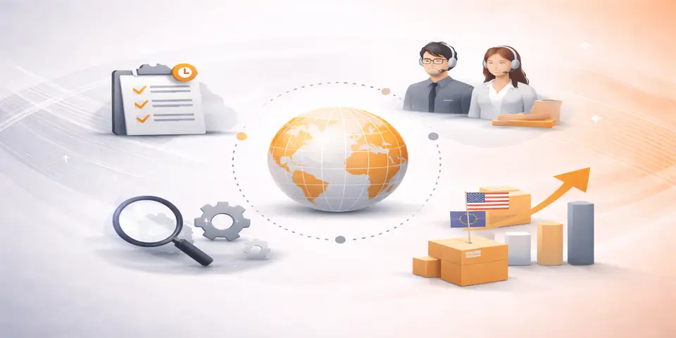 Minimal abstract outsourcing ecommerce elements with globe checklist and logistics icons in orange and grey gradient