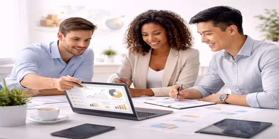 Team collaborating on e commerce outsourcing strategies in modern office