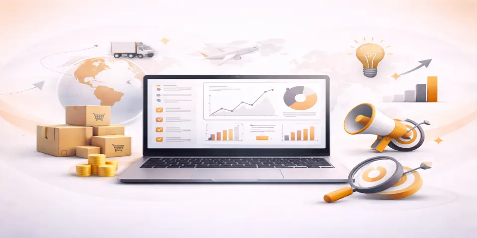 Laptop displaying e commerce outsourcing analytics with logistics and marketing visuals