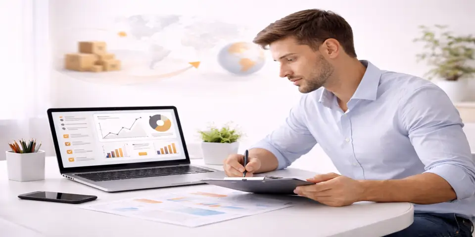 Business professional analyzing outsourcing strategy on laptop for e commerce growth