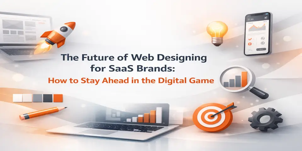 Modern SaaS web designing concept with title centered and digital growth elements in orange grey theme