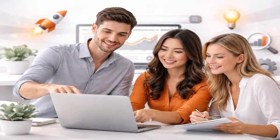 Team of web designers collaborating on SaaS platform strategy in modern office