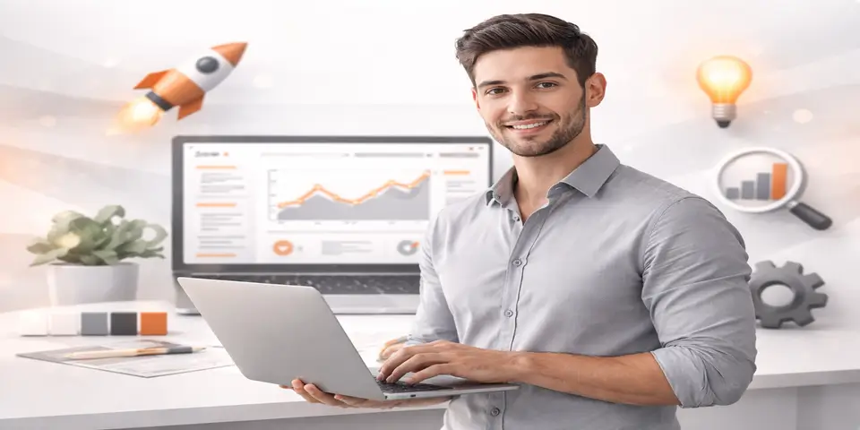 Professional web designer working on SaaS analytics dashboard in modern office