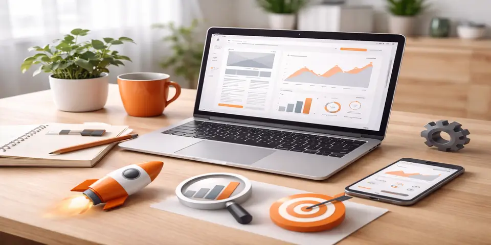 Modern laptop displaying SaaS dashboard analytics in orange and grey professional workspace