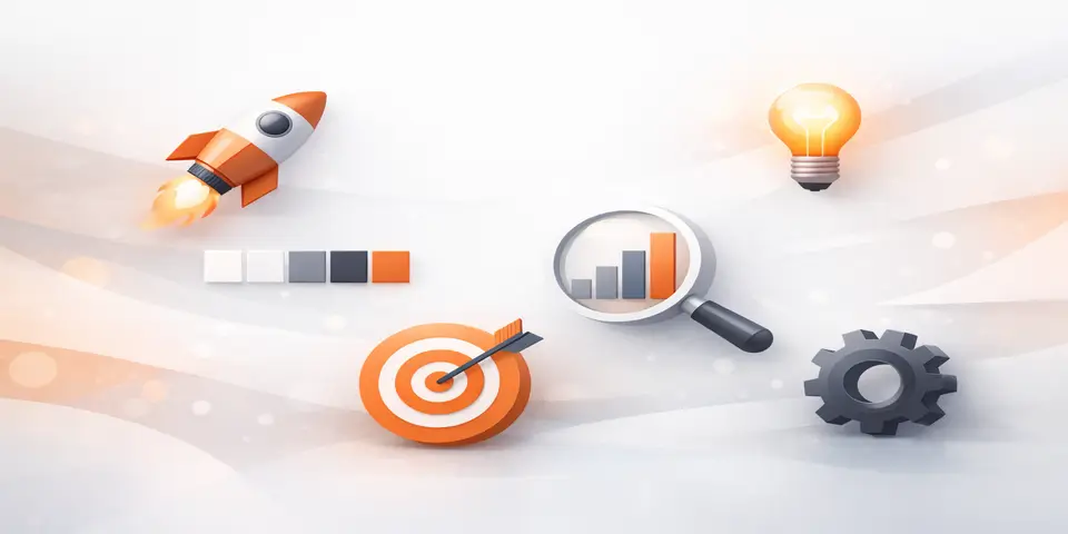 Minimal abstract SaaS web design concept with rocket, analytics and strategy icons in orange grey theme