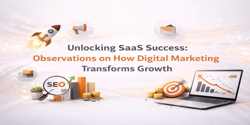 SaaS growth transformation concept with centered title and digital marketing elements in orange grey theme