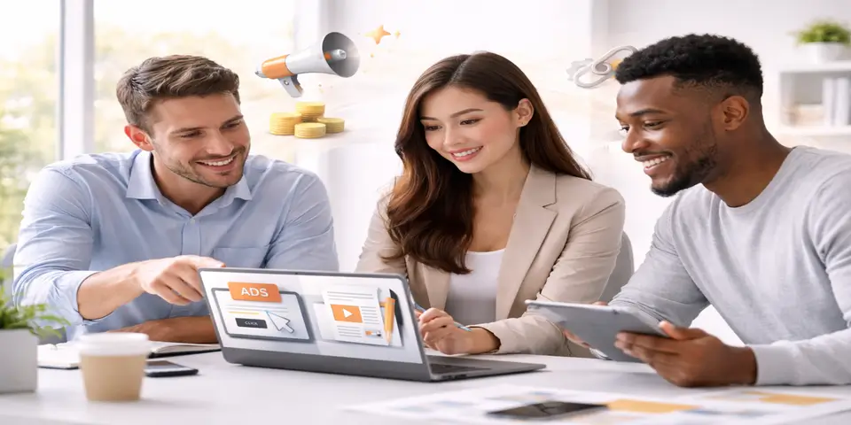 SaaS marketing team collaborating on PPC and content strategy discussion in modern office