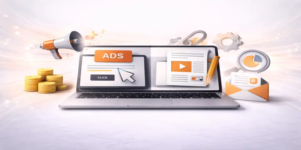 Modern laptop displaying marketing analytics dashboard comparing PPC and content performance