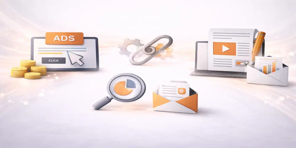 Minimal abstract PPC and content marketing concept with target, megaphone and analytics icons