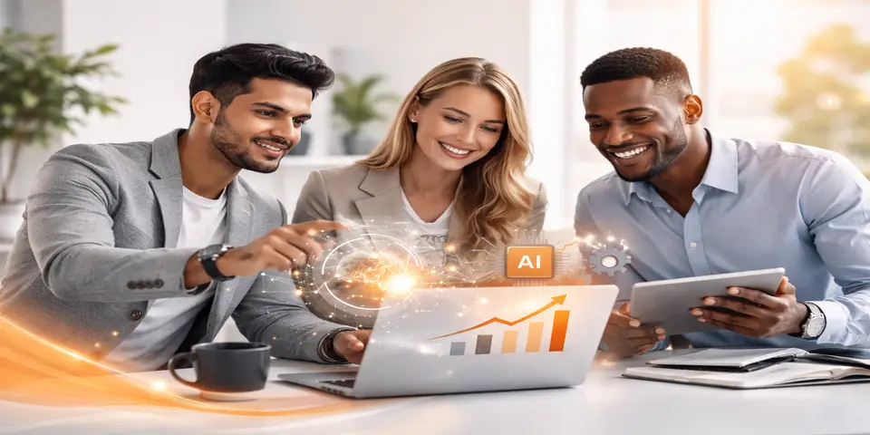 Team collaborating on AI powered SaaS strategy using analytics and digital tools