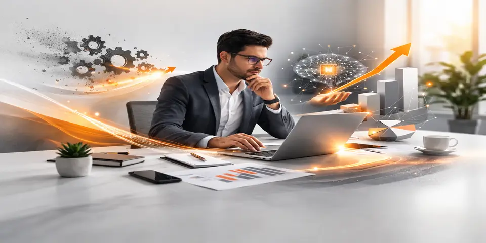 Professional analyzing AI driven SaaS performance metrics in modern workspace