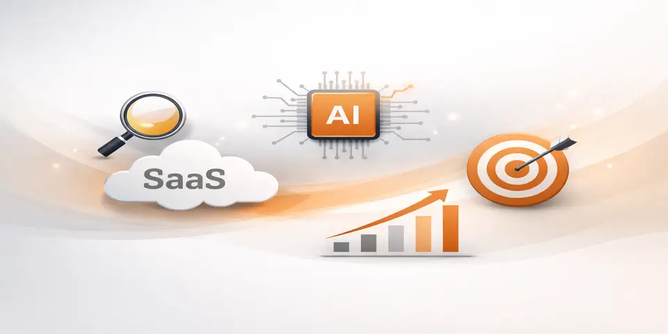 Minimal AI and SaaS abstract concept with cloud, chip and performance growth elements in orange and grey tones