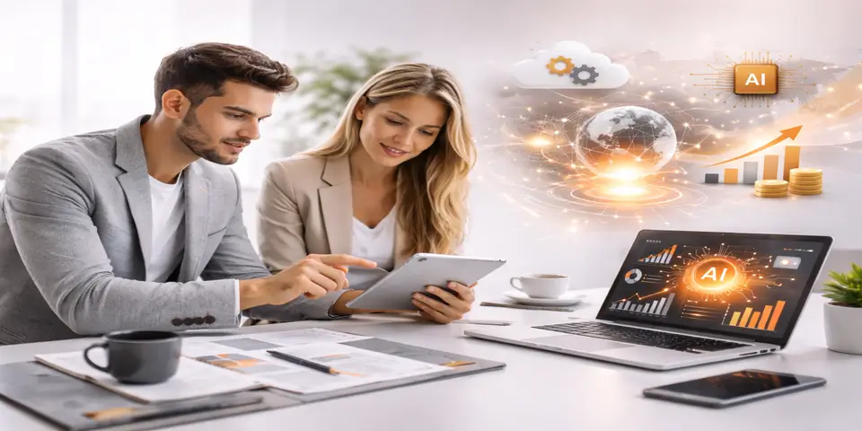 Laptop displaying AI SaaS revenue analytics dashboard with growth chart and financial performance metrics