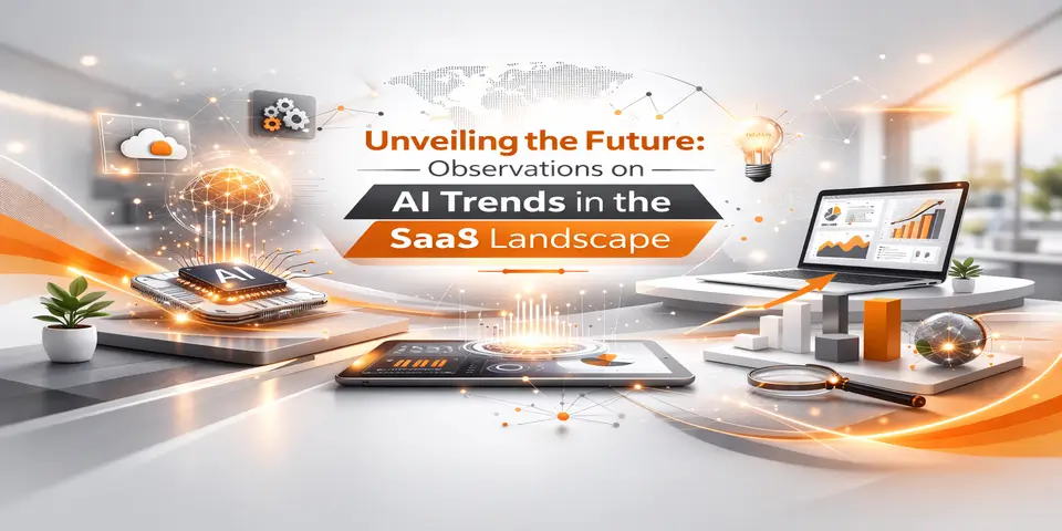 AI trends in SaaS landscape banner with futuristic technology, analytics dashboard, and cloud computing elements