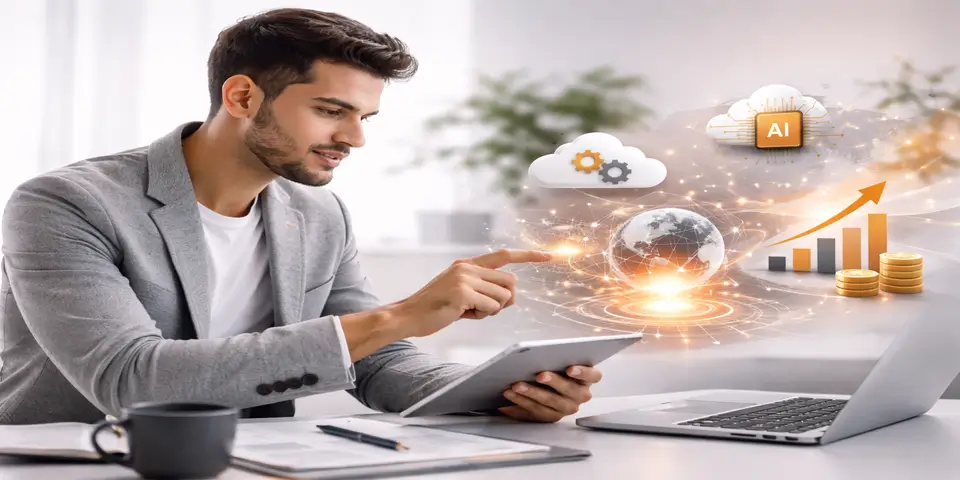 Professional using tablet to monitor AI-powered SaaS growth strategy with analytics charts and automation visuals