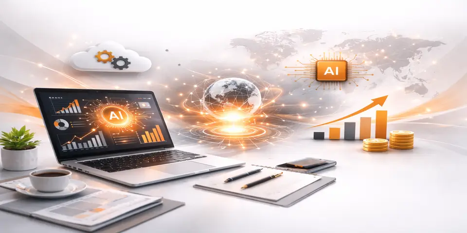 Laptop displaying AI SaaS revenue analytics dashboard with growth chart and financial performance metrics