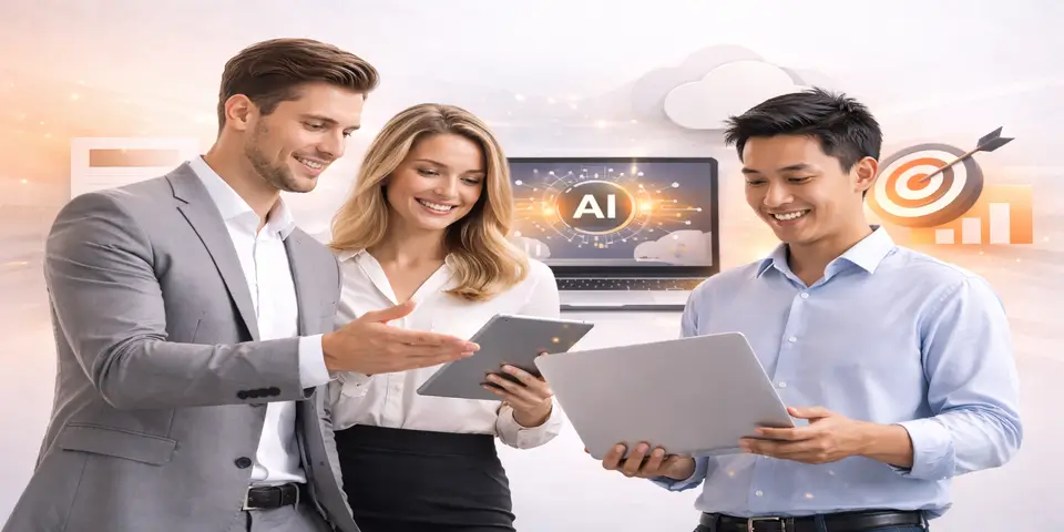 Team collaborating on AI powered SaaS solutions and digital transformation