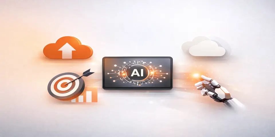 Minimal abstract AI and SaaS concept with cloud analytics and growth elements