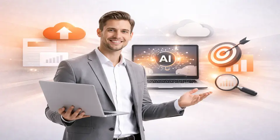 Business professional using AI technology for SaaS growth strategy