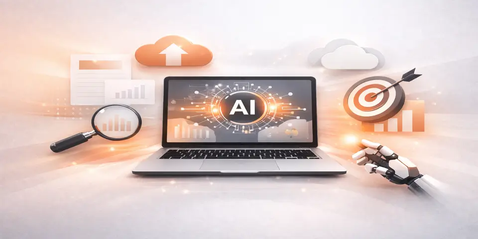 Modern workspace showcasing AI-powered SaaS analytics and automation