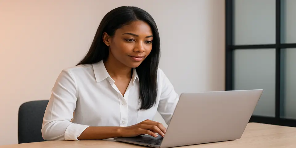 Professional working on laptop analyzing outsourcing potential for SMEs.