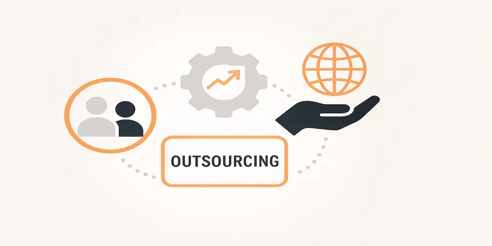 Abstract outsourcing concept with gradient shapes and business icons