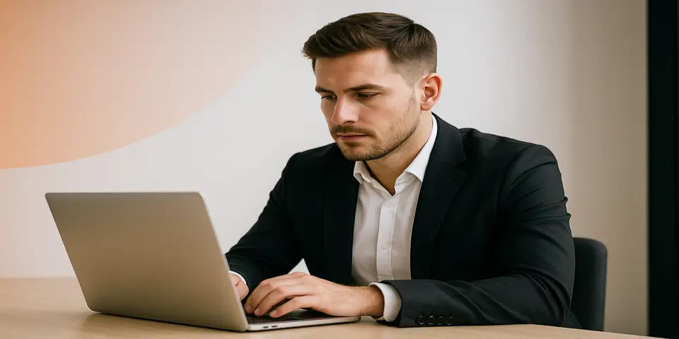 Business professional analyzing outsourcing report on laptop