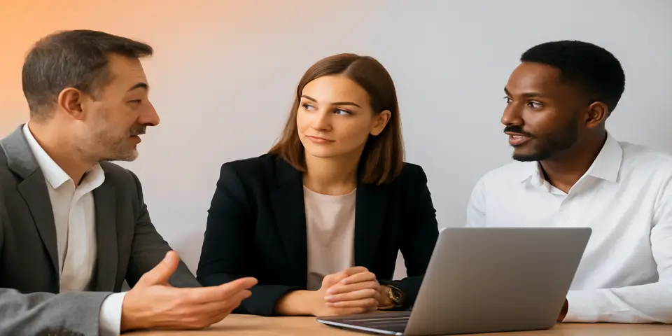 Group of professionals discussing outsourcing strategies in a modern workspace