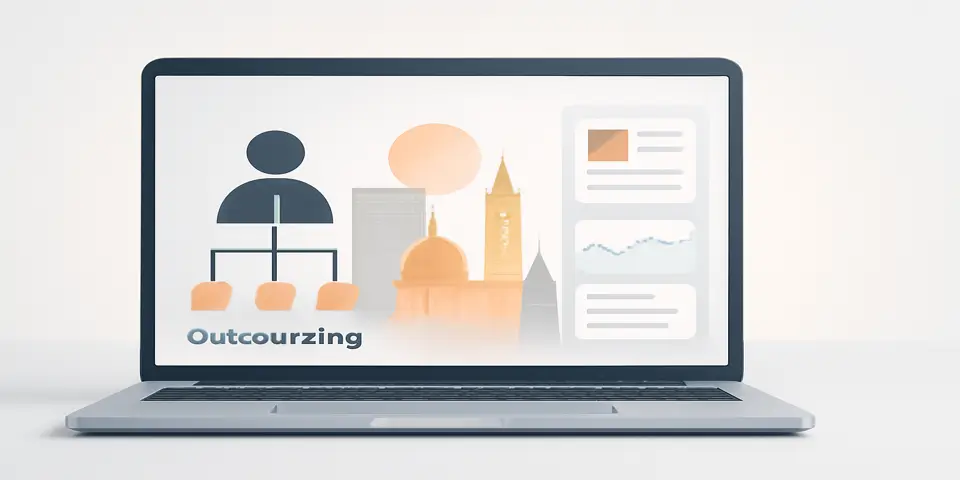 Laptop displaying outsourcing strategy dashboard with analytics and growth charts