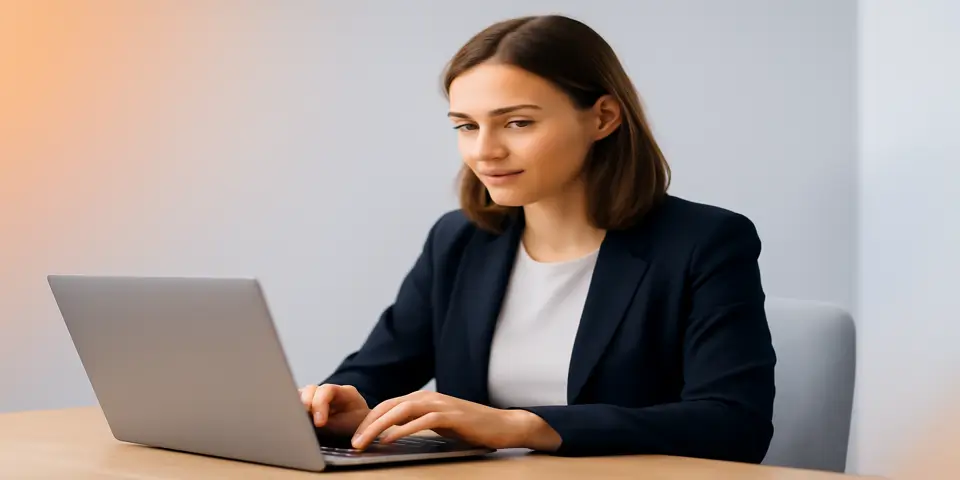 Business professional analyzing outsourcing strategy on laptop