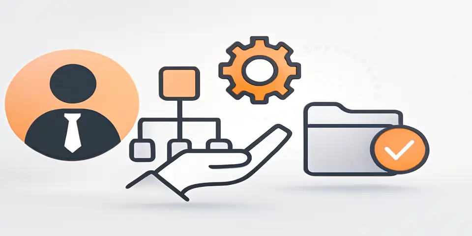 Minimal abstract shapes and icons representing digital outsourcing and growth concepts