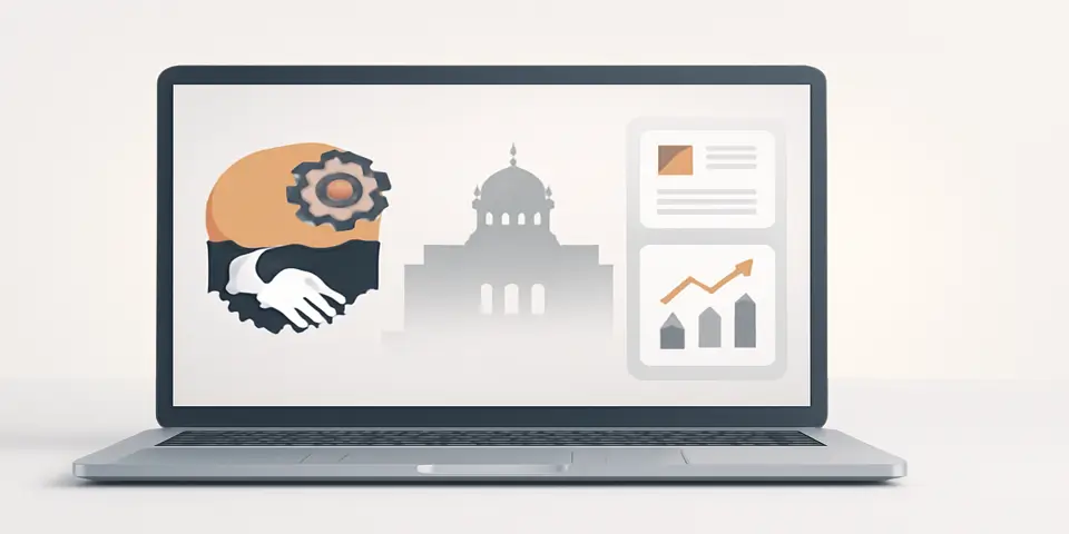 Tablet screen showing outsourcing analytics with performance charts and growth metrics