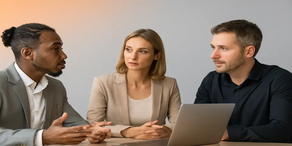Team of professionals collaborating on outsourcing strategies in a modern workspace