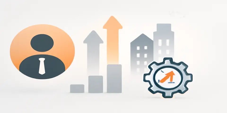 Abstract gradient shapes and icons symbolizing outsourcing innovation and efficiency