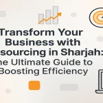 Outsourcing strategy icons with central title about boosting efficiency in Sharjah
