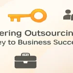 Business success through outsourcing icons with central title about mastering strategies